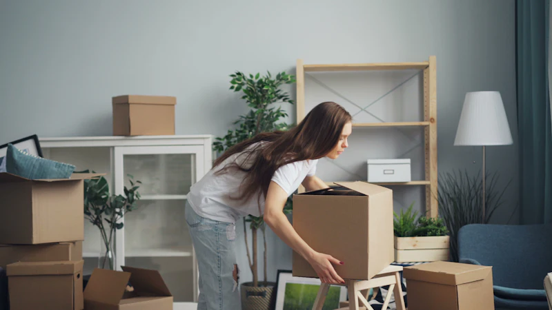 Mujer colocando cajas de mudanza en un salón