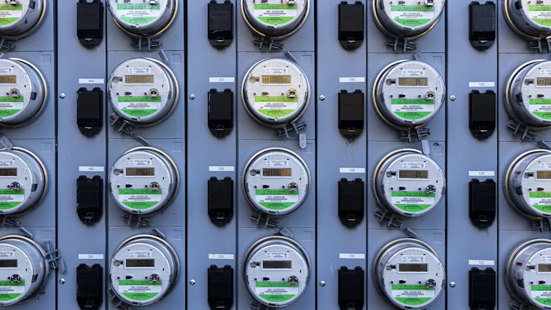 Fila de contadores eléctricos digitales en una pared